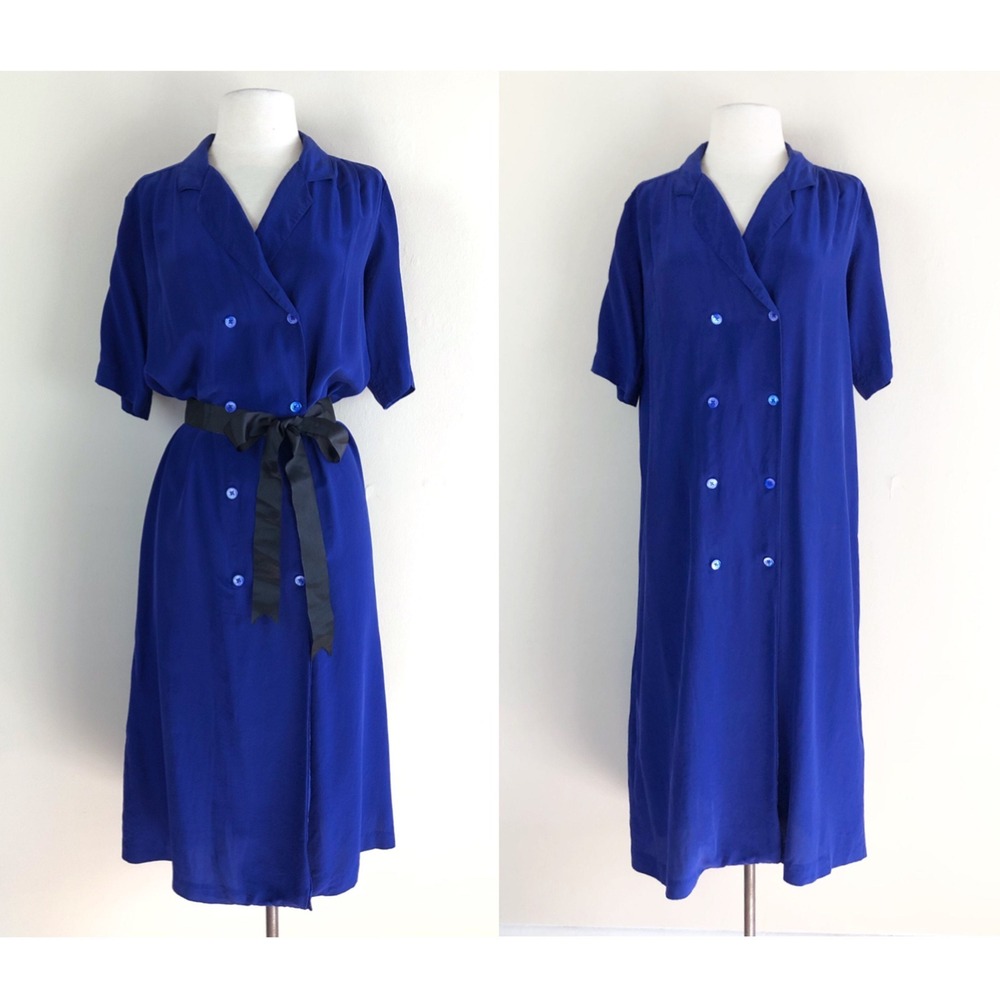 vintage 90s cobalt blue silk shirt dress midi double breasted minimalist